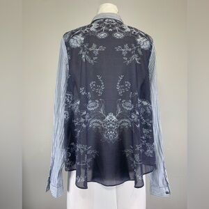 Free People Blue Striped Button Up Shirt Sheer Floral Back - Size Medium